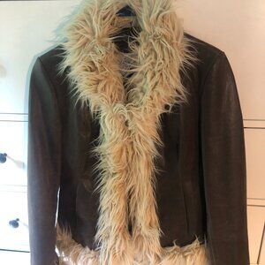 Vintage leather jacket trimmed with faux fur trim